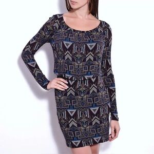Velvet Multicolor Geometric Knit Bodycon Dress Scoop Neck Long Sleeve Size M